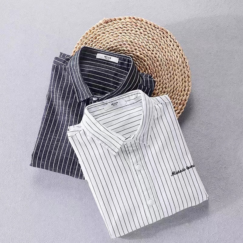 Japanese-style Vertical Striped Embroidered Long-Sleeve Shirt for Men, Spring and Summer Korean Version Casual Oversized Cotton Shirt for Youth