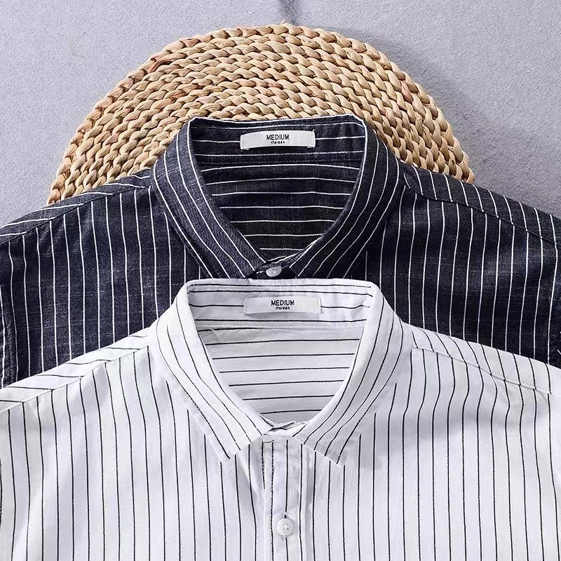 Japanese-style Vertical Striped Embroidered Long-Sleeve Shirt for Men, Spring and Summer Korean Version Casual Oversized Cotton Shirt for Youth