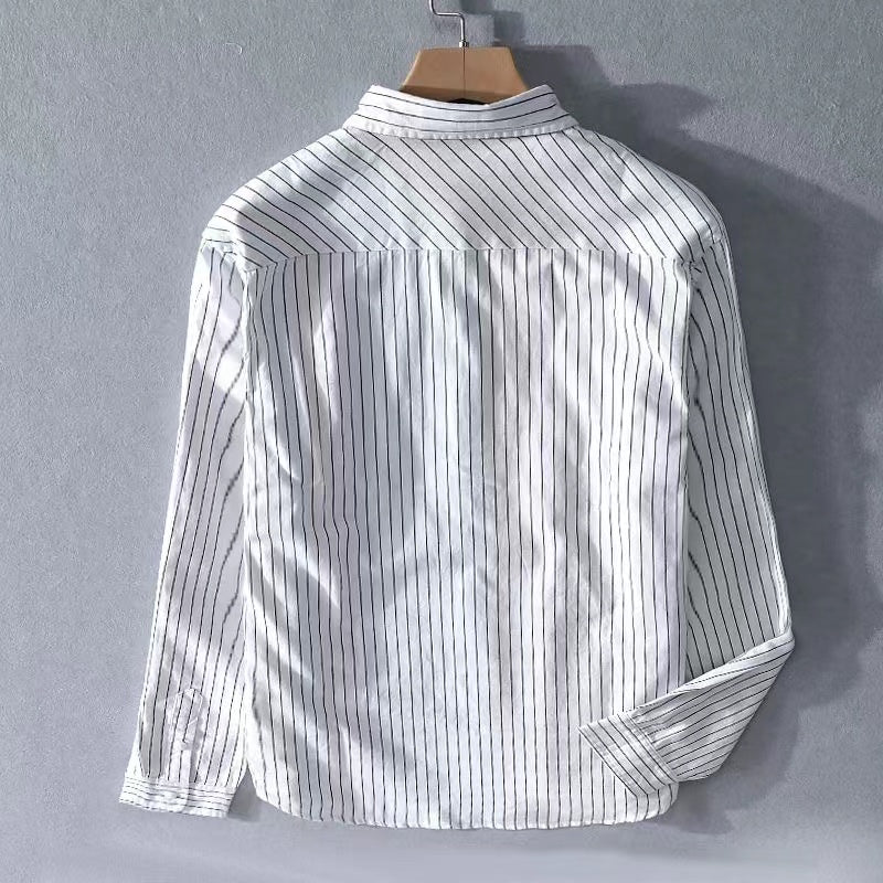 Japanese-style Vertical Striped Embroidered Long-Sleeve Shirt for Men, Spring and Summer Korean Version Casual Oversized Cotton Shirt for Youth