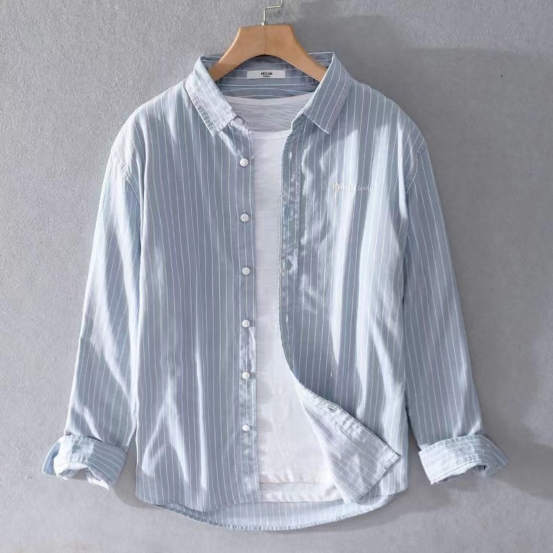 Japanese-style Vertical Striped Embroidered Long-Sleeve Shirt for Men, Spring and Summer Korean Version Casual Oversized Cotton Shirt for Youth