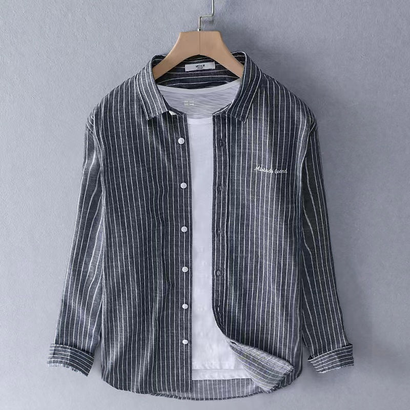 Japanese-style Vertical Striped Embroidered Long-Sleeve Shirt for Men, Spring and Summer Korean Version Casual Oversized Cotton Shirt for Youth