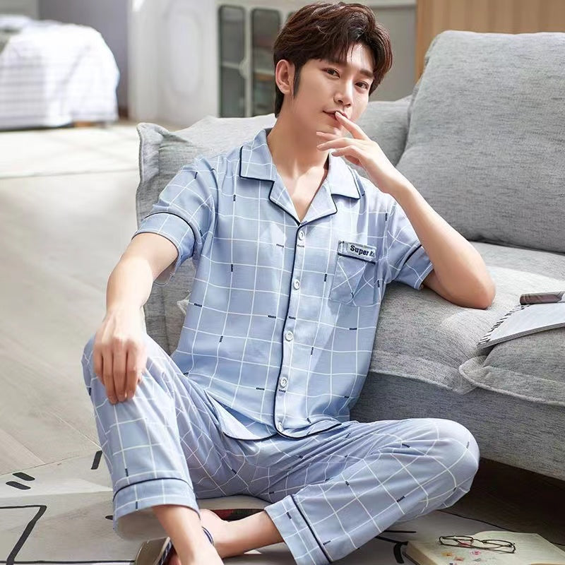 High-End Men's Pajamas, 100% Pure Cotton, Spring, Summer, Autumn, Winter, Long and Short Sleeve, Collar, Middle-aged and Youth Men's Pajama Set