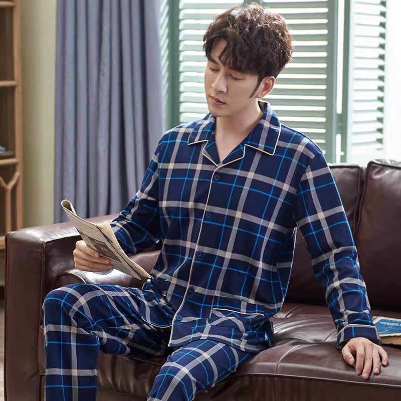 High-End Men's Pajamas, 100% Pure Cotton, Spring, Summer, Autumn, Winter, Long and Short Sleeve, Collar, Middle-aged and Youth Men's Pajama Set
