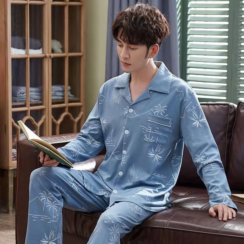 High-End Men's Pajamas, 100% Pure Cotton, Spring, Summer, Autumn, Winter, Long and Short Sleeve, Collar, Middle-aged and Youth Men's Pajama Set