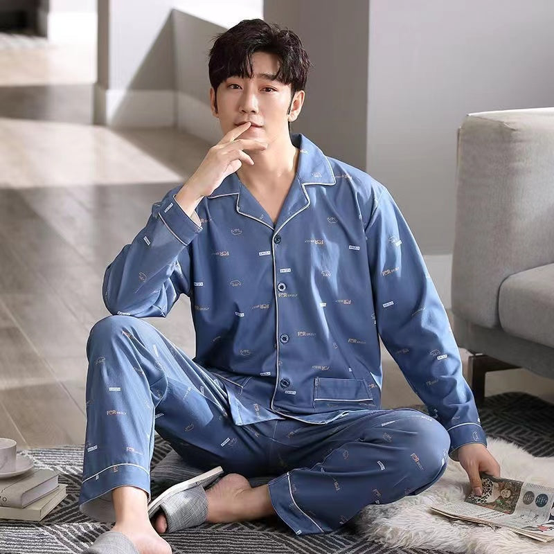 High-End Men's Pajamas, 100% Pure Cotton, Spring, Summer, Autumn, Winter, Long and Short Sleeve, Collar, Middle-aged and Youth Men's Pajama Set