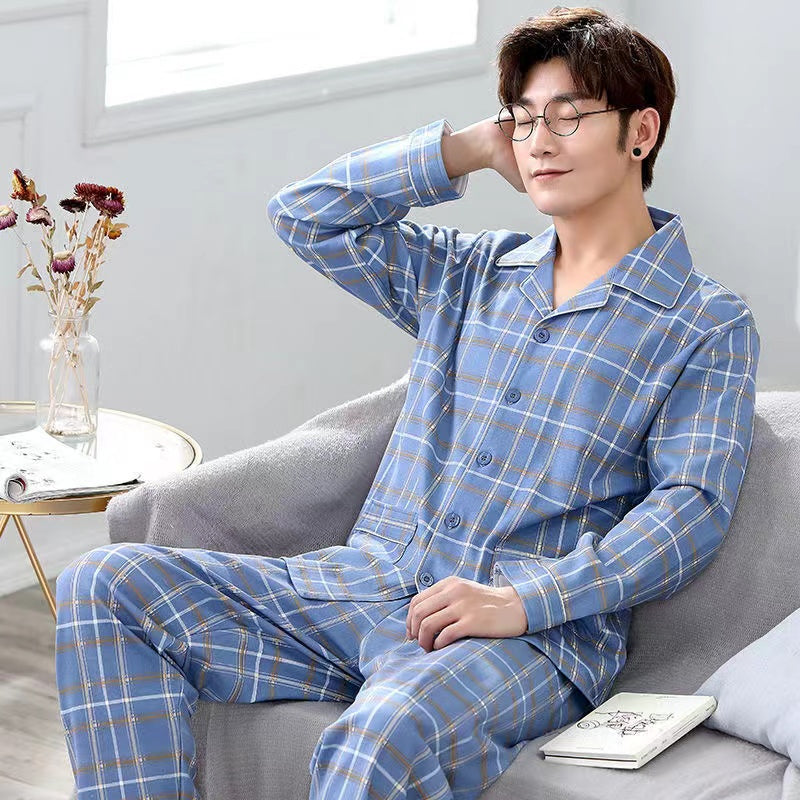 High-End Men's Pajamas, 100% Pure Cotton, Spring, Summer, Autumn, Winter, Long and Short Sleeve, Collar, Middle-aged and Youth Men's Pajama Set