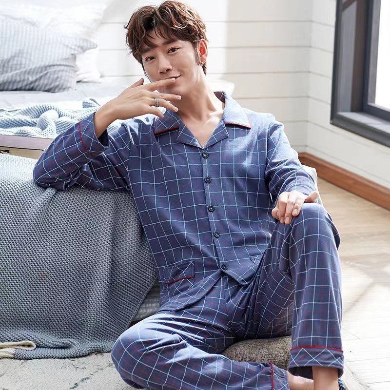 High-End Men's Pajamas, 100% Pure Cotton, Spring, Summer, Autumn, Winter, Long and Short Sleeve, Collar, Middle-aged and Youth Men's Pajama Set