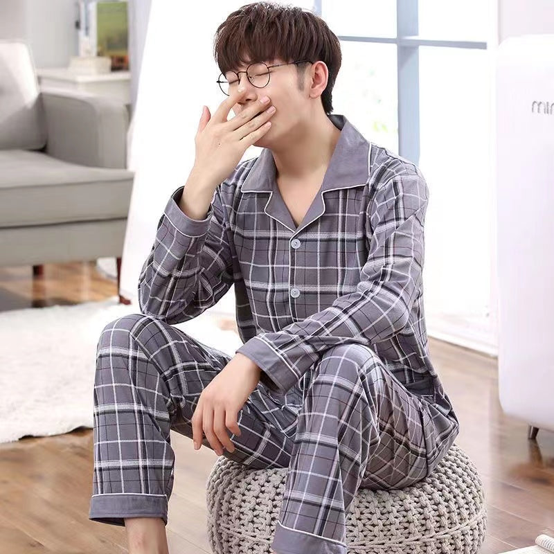 High-End Men's Pajamas, 100% Pure Cotton, Spring, Summer, Autumn, Winter, Long and Short Sleeve, Collar, Middle-aged and Youth Men's Pajama Set