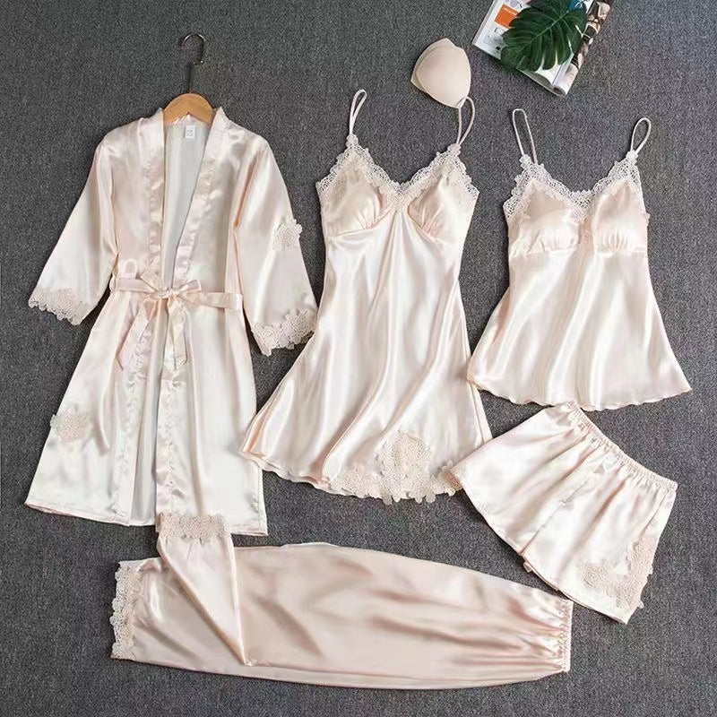 Spring and Autumn Sensual Five-Piece Silk Sleepwear Set for Women, Including Padded Bra, Thin Silk Summer Camisole Homewear, Robe