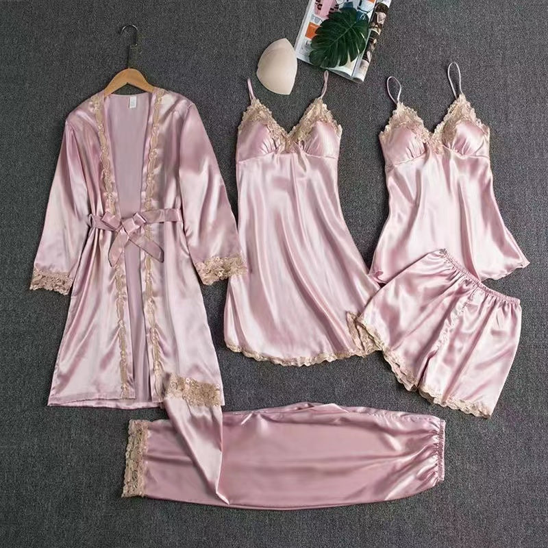 Spring and Autumn Sensual Five-Piece Silk Sleepwear Set for Women, Including Padded Bra, Thin Silk Summer Camisole Homewear, Robe