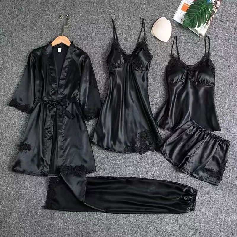 Spring and Autumn Sensual Five-Piece Silk Sleepwear Set for Women, Including Padded Bra, Thin Silk Summer Camisole Homewear, Robe