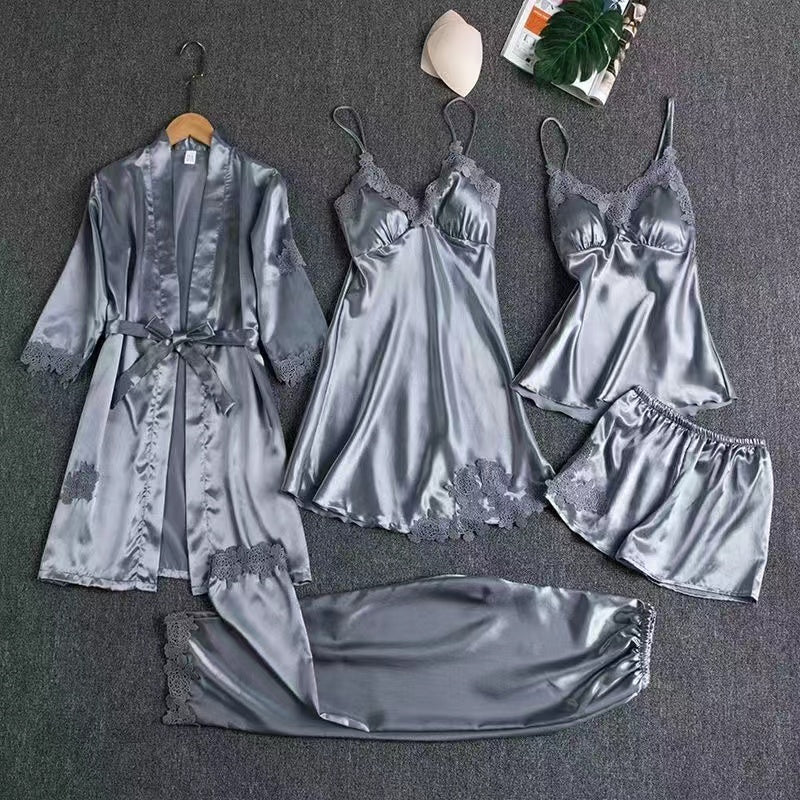 Spring and Autumn Sensual Five-Piece Silk Sleepwear Set for Women, Including Padded Bra, Thin Silk Summer Camisole Homewear, Robe
