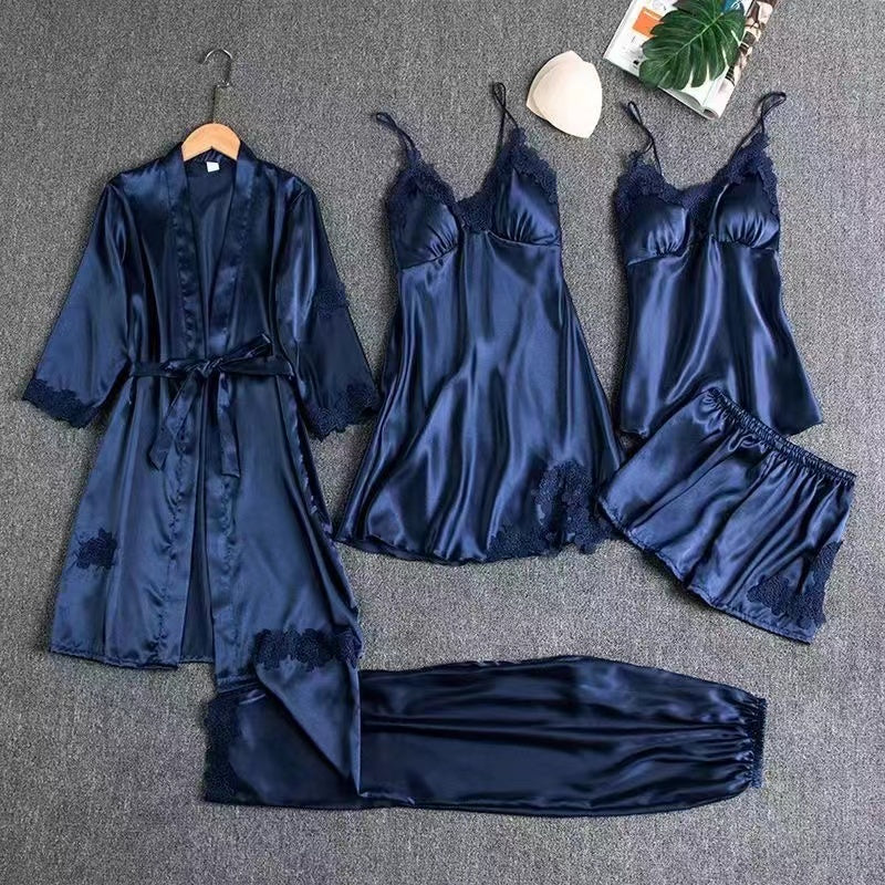 Spring and Autumn Sensual Five-Piece Silk Sleepwear Set for Women, Including Padded Bra, Thin Silk Summer Camisole Homewear, Robe