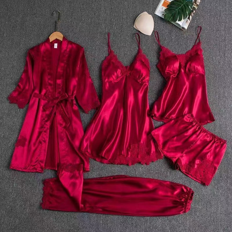 Spring and Autumn Sensual Five-Piece Silk Sleepwear Set for Women, Including Padded Bra, Thin Silk Summer Camisole Homewear, Robe