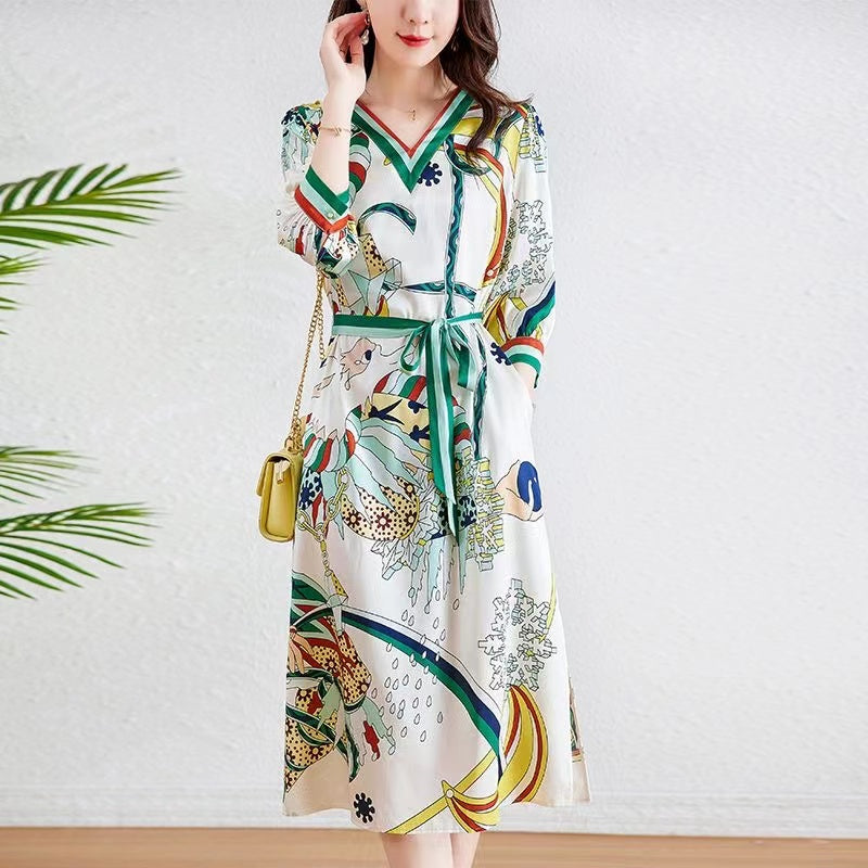 Ink Beauty High-Quality Silk Midi Dress for Women, Green Floral Print, V-Neck, Short Sleeve, Silkworm Silk Dress