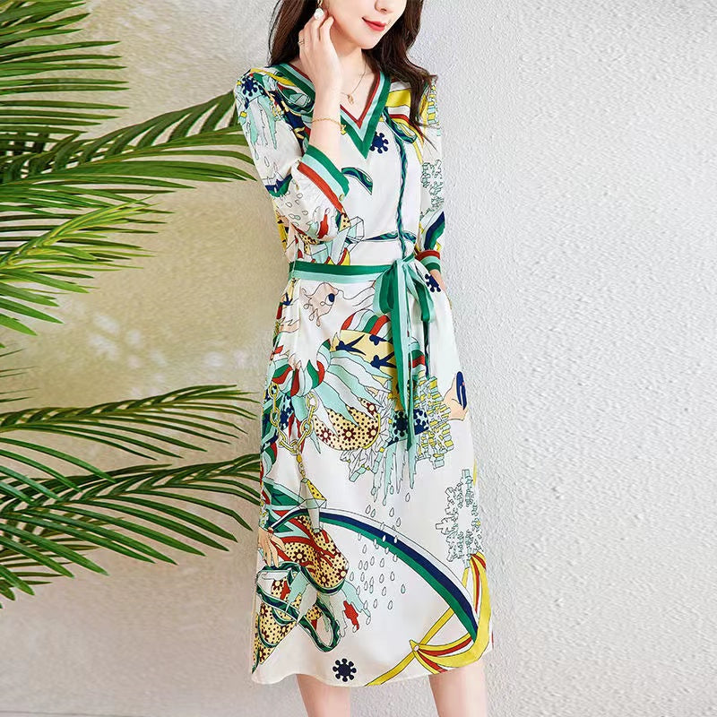 Ink Beauty High-Quality Silk Midi Dress for Women, Green Floral Print, V-Neck, Short Sleeve, Silkworm Silk Dress