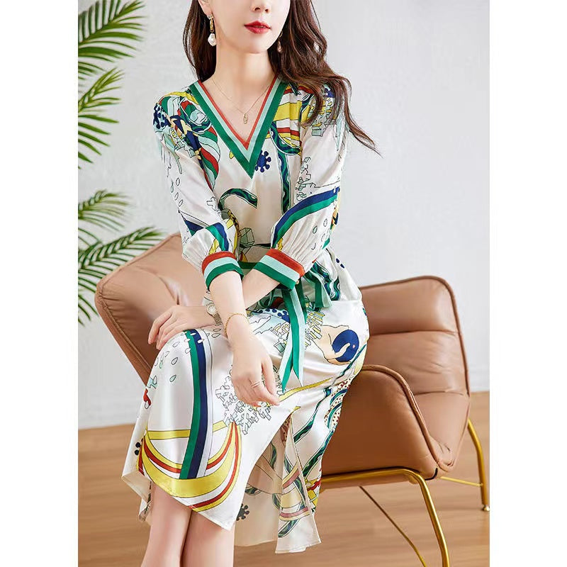 Ink Beauty High-Quality Silk Midi Dress for Women, Green Floral Print, V-Neck, Short Sleeve, Silkworm Silk Dress