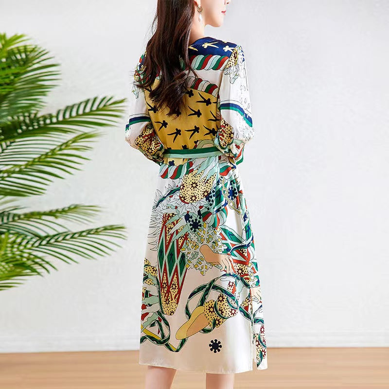 Ink Beauty High-Quality Silk Midi Dress for Women, Green Floral Print, V-Neck, Short Sleeve, Silkworm Silk Dress