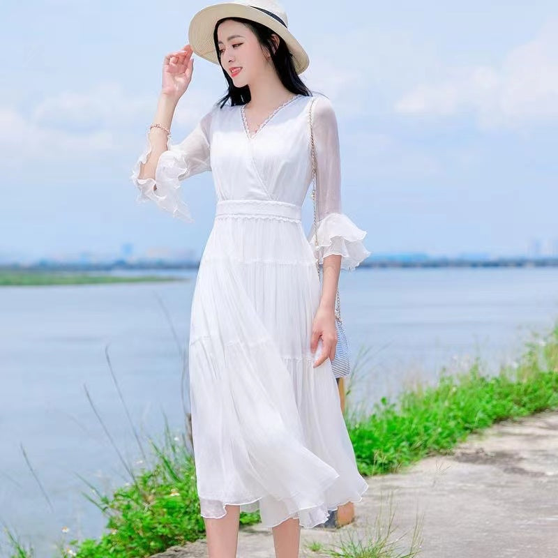 Women's Silk Dress, 2025 New Summer High-End Elegant Fashion, 100% Mulberry Silk, Fairy-like Long Dress